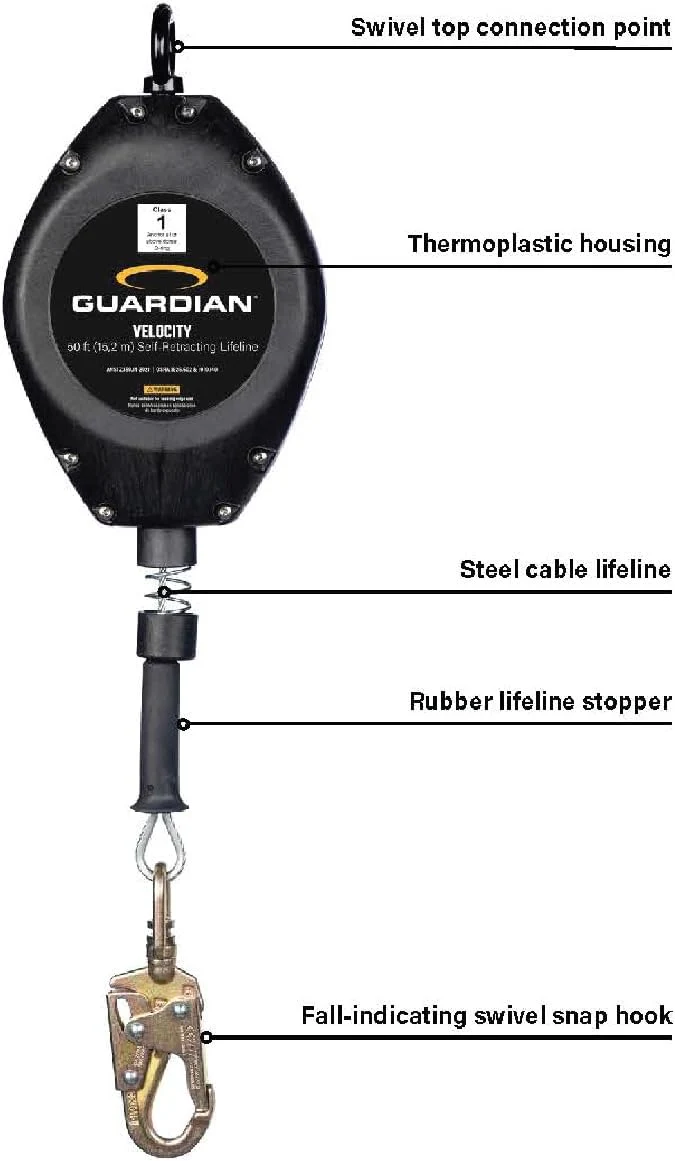 Guardian Fall Protection 42003 Velocity Cable SRL - 50 ft. Self Retracting Lifeline with Carabiner & Connector, Galvanized Cable - Image 4