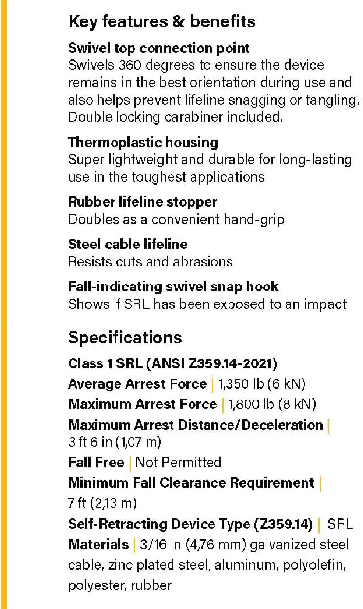 Guardian Fall Protection 42003 Velocity Cable SRL - 50 ft. Self Retracting Lifeline with Carabiner & Connector, Galvanized Cable - Image 5