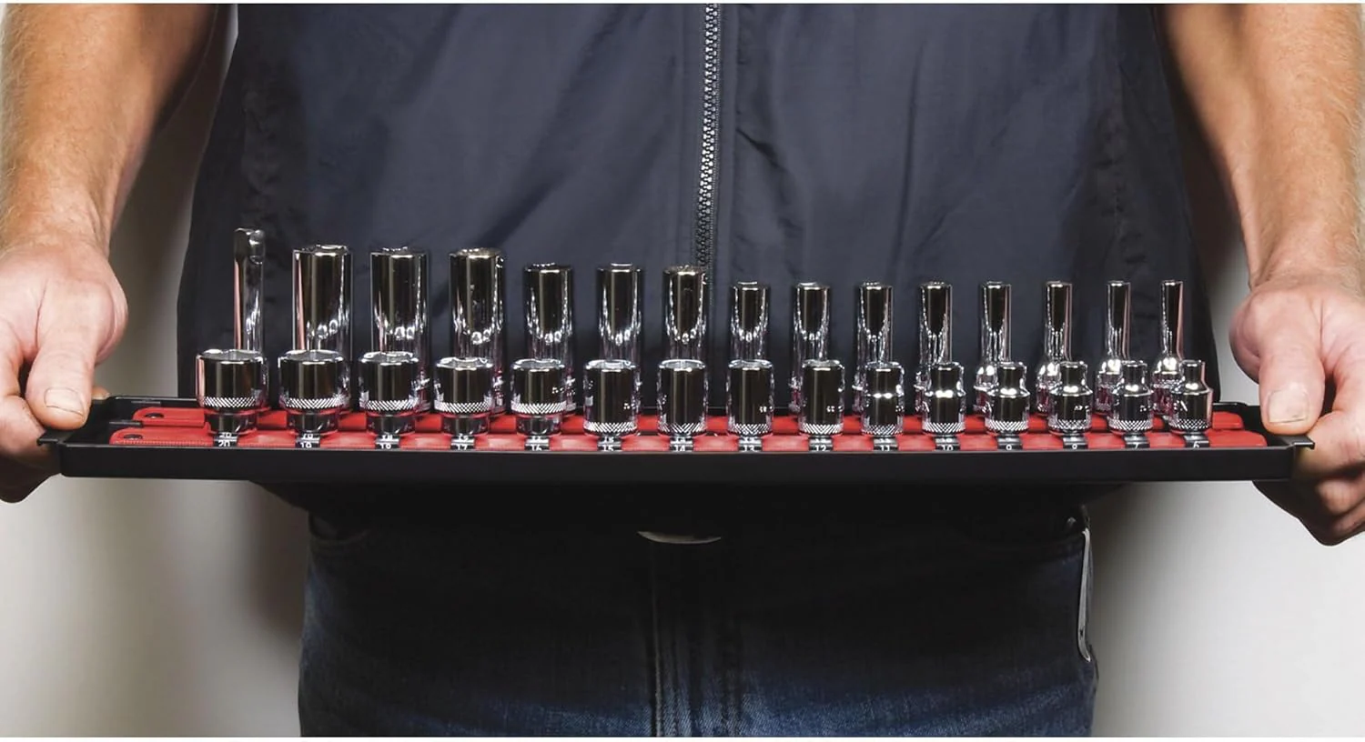 Heavy Duty Socket Organizer with Tray - Ernst Manufacturing 19-Inch Socket Boss 2-Row, 1/4-Inch-Drive Twist Lock Socket Holder, SAE, METRIC, Red (8452) - Automotive Industry - Made in USA 19-INCH 1/4" Red - Image 4