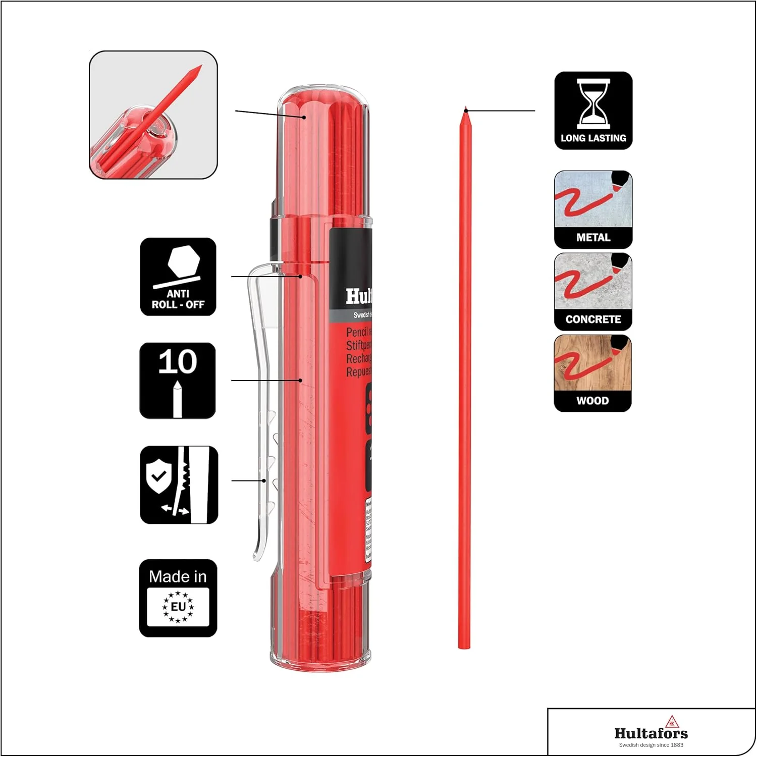 Hultafors Tools 650150 Dry Marker Refills HRD, Heavy Duty, Multi-Purpose, Red, 10 Leads - Image 3