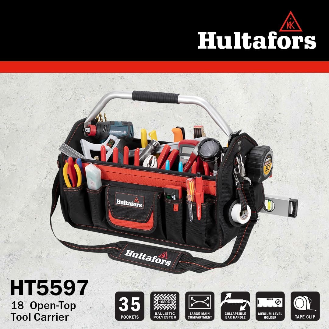 Hultafors HT5597 Work Gear Open-Top Tool Carrier, 35 Pockets, Heavy Duty Ballistic Polyester Tool Bag, Durable Base Pad Feet, Collapsible Bar Injected Mold Handle, Tape Strap, Measuring Tape Clip - Image 8