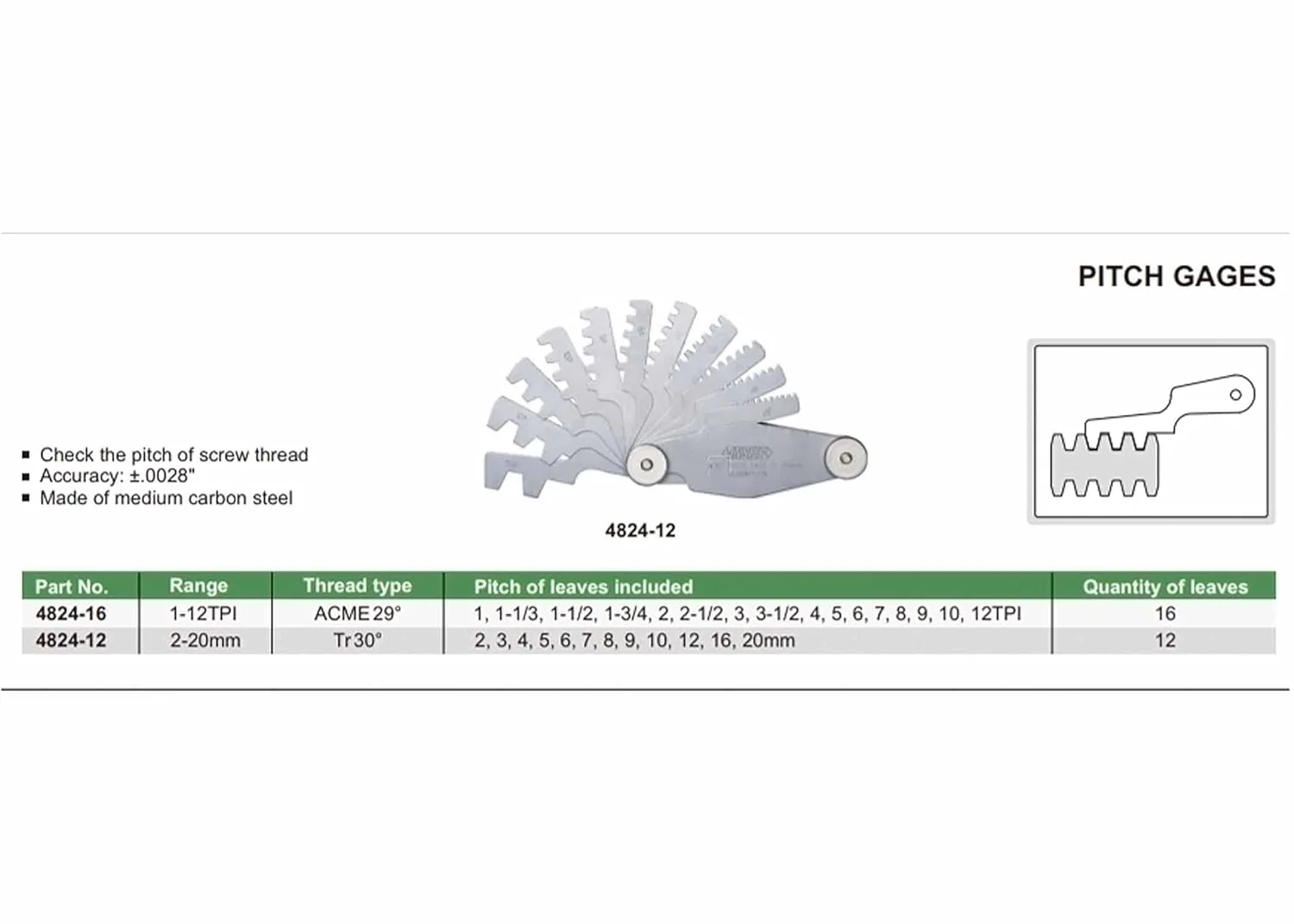 INSIZE 4824-16 Pitch Gage, 1-12 TPI - Image 2
