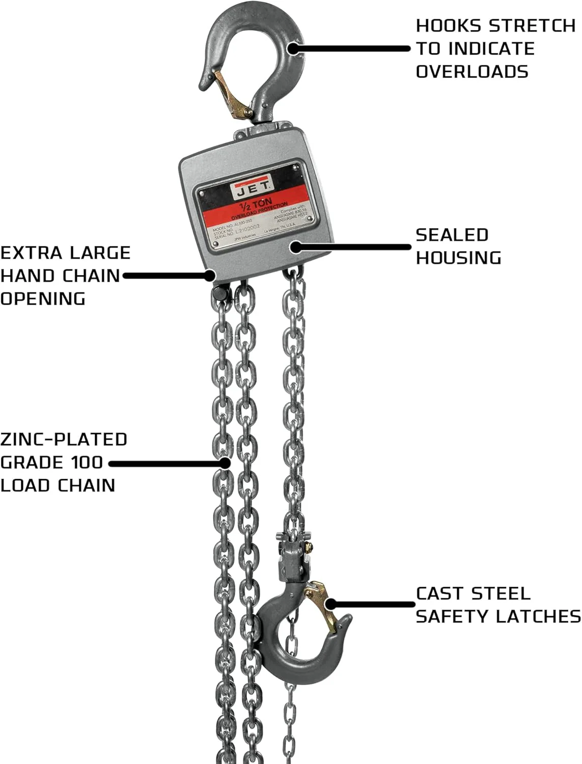 JET 1/2-Ton Aluminum Hand Chain Hoist, 15' Lift (AL100-050-15) - Image 7