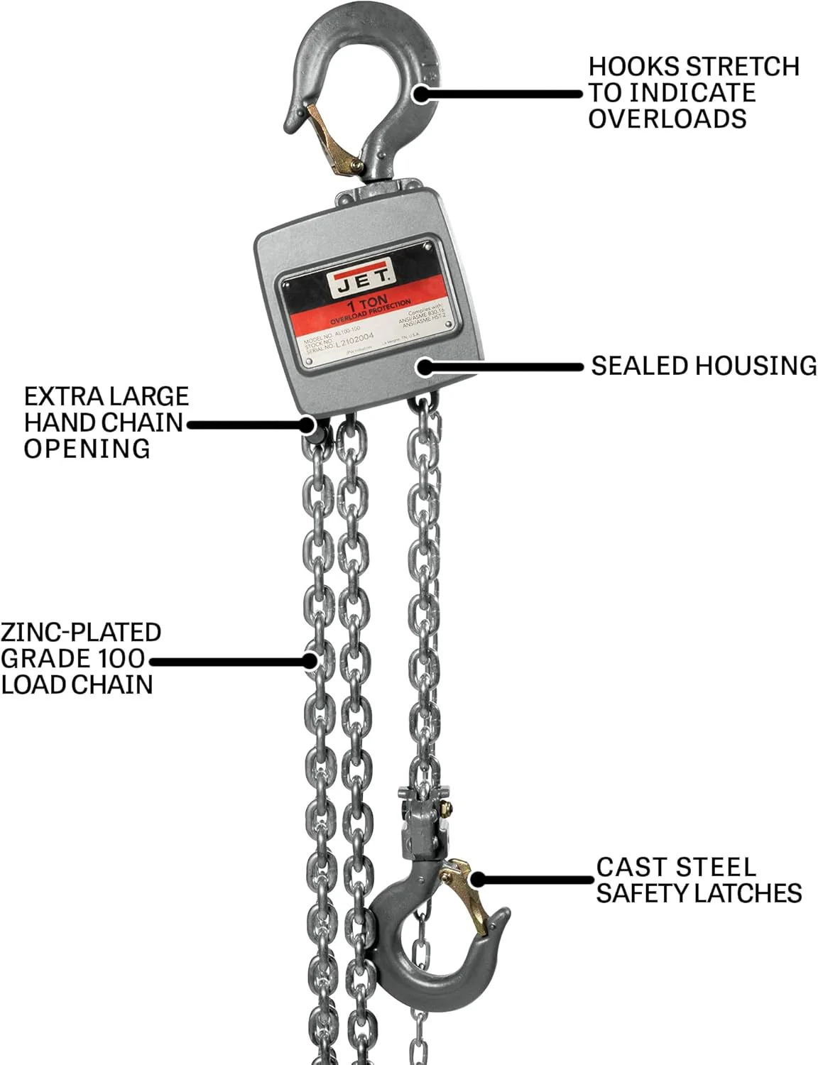 JET 1-Ton Aluminum Hand Chain Hoist, 20' Lift (AL100-100-20) - Image 7
