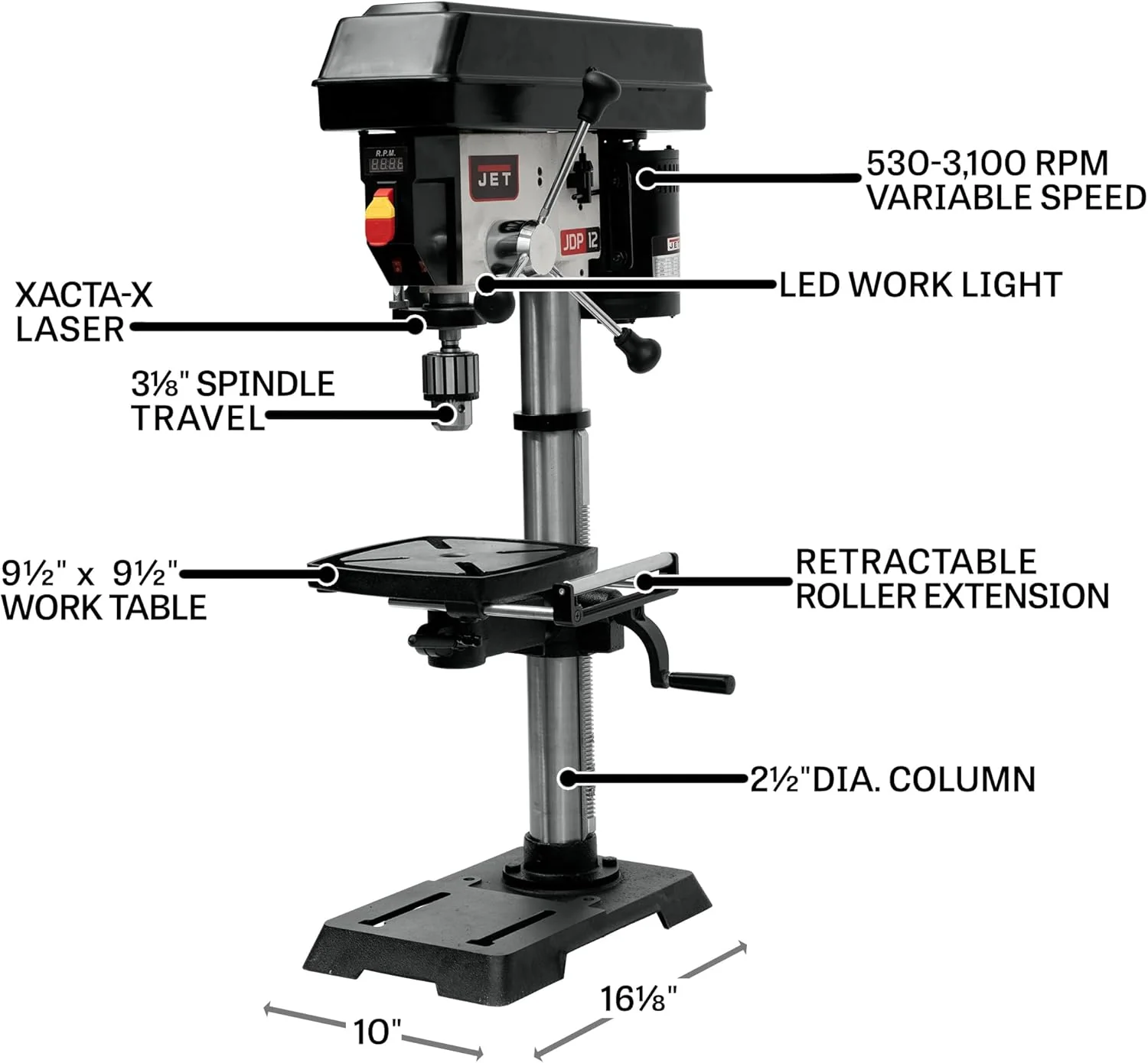 JET 12-Inch Benchtop Drill Press, Variable Speed, 1/2 HP, 115V 1Ph (Model JWDP-12) - Image 8