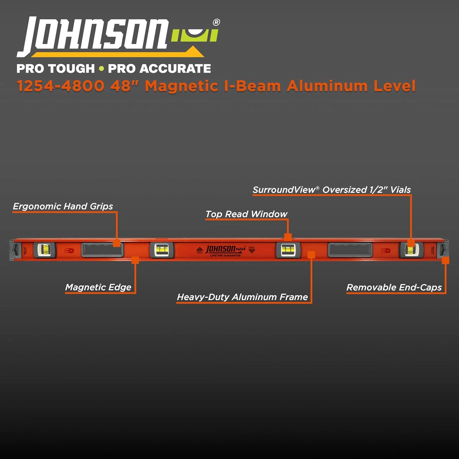 Johnson 1254-4800 Magnetic Heavy Duty I-Beam Aluminum Level, 48", Orange - Image 2