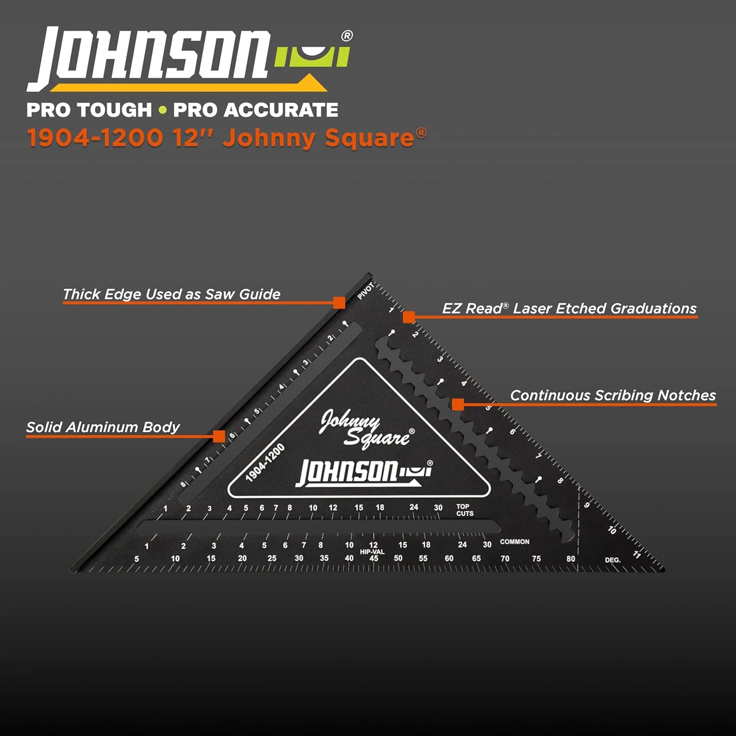 Johnson Level & Tool 1904-1200 Johnny Square Professional Easy-Read Aluminum Rafter Square, 12", Black - Image 3