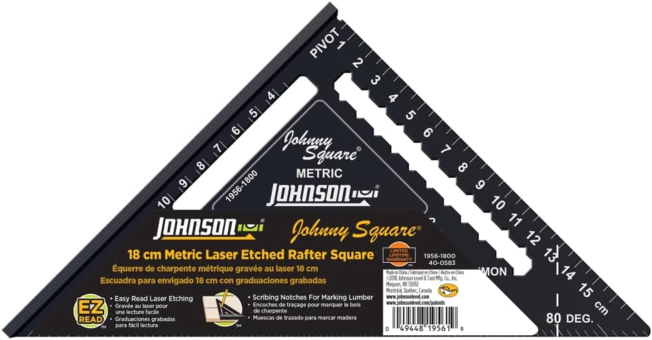 Johnson 1956-1800 Metric Johnny Square Professional Easy-Read Aluminum Rafter Square, 18cm, Black, 1 Square 18cm Metric - Image 3