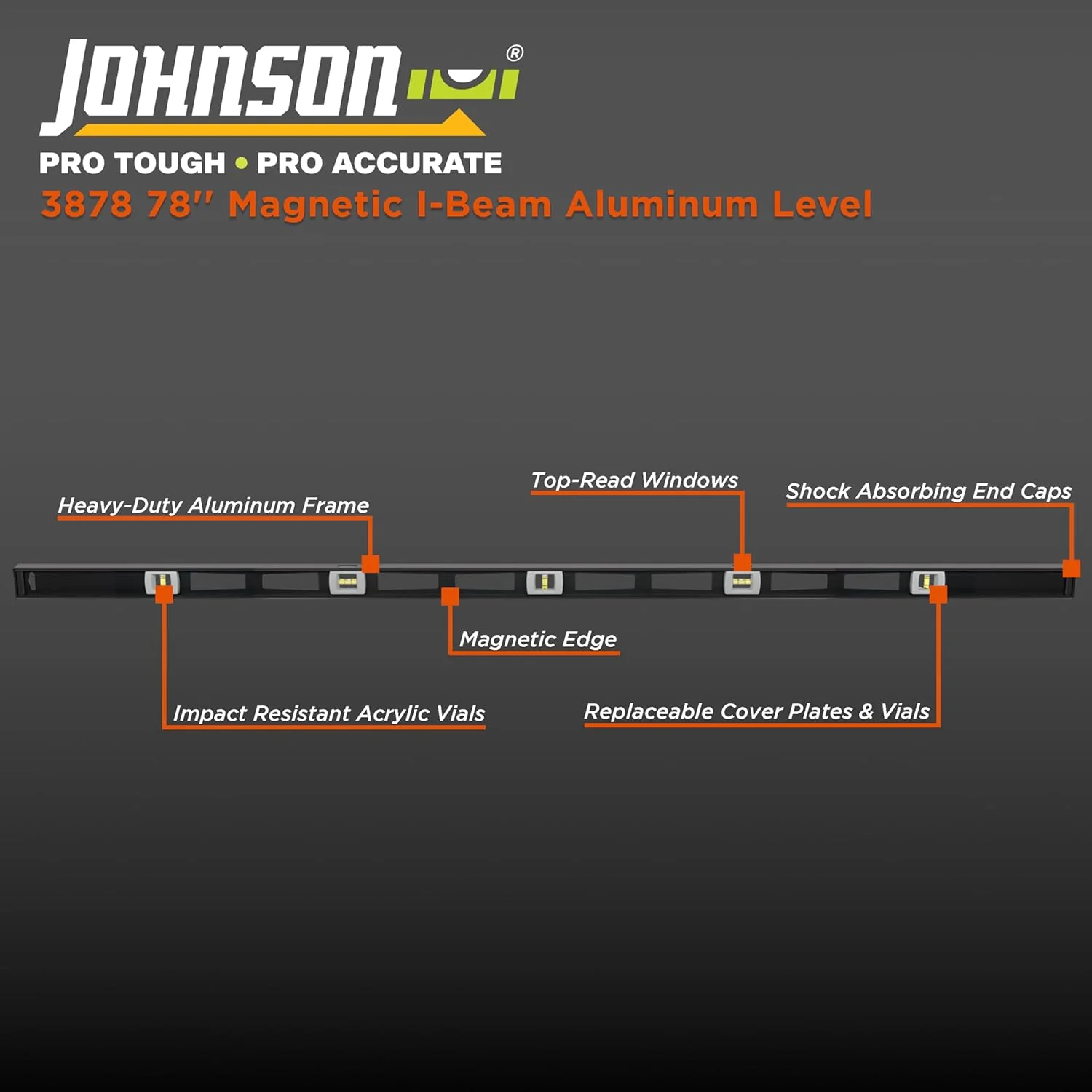 Johnson 3878 Magnetic Professional Aluminum Level, 78", Black - Image 2