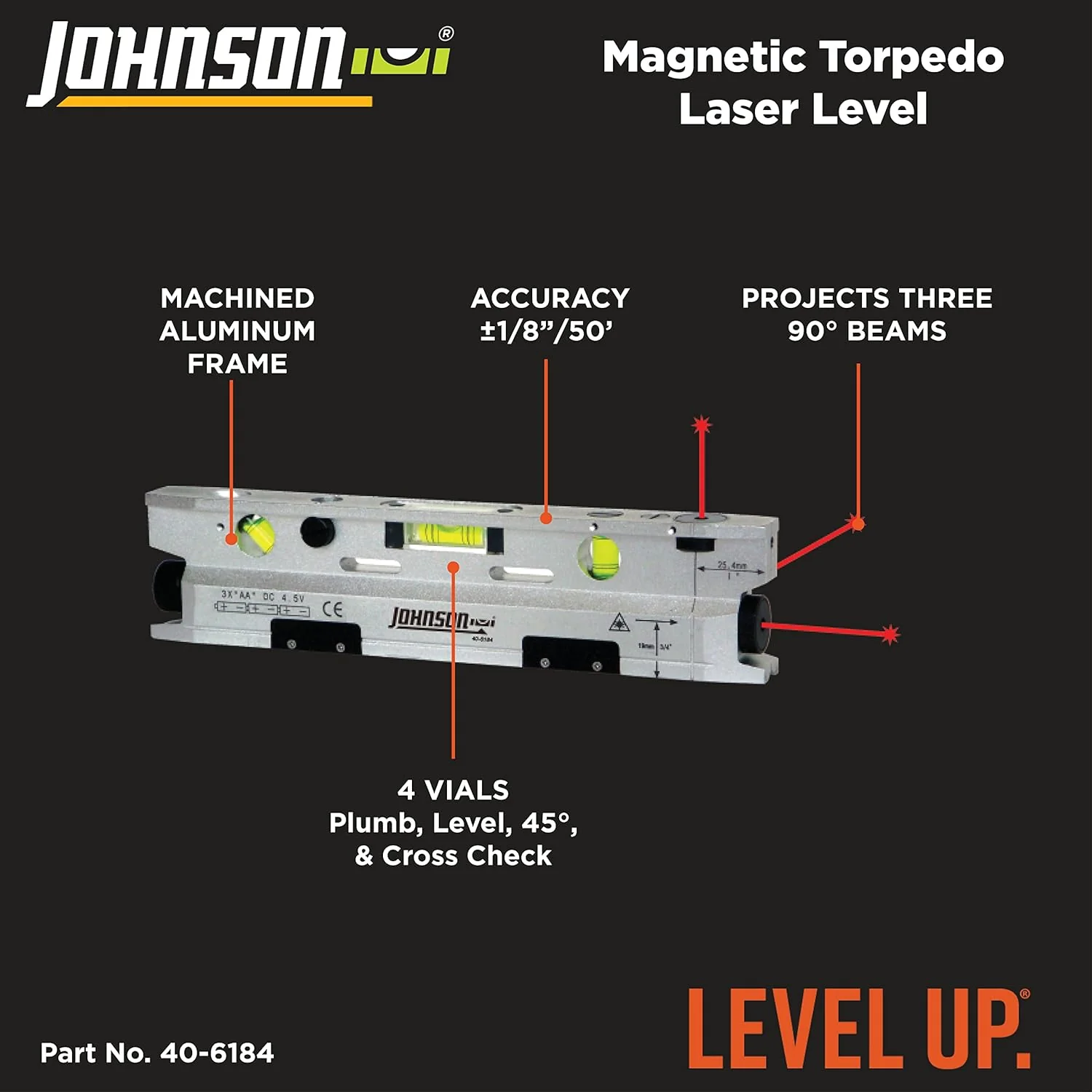 Johnson 40-6184 Magnetic Torpedo Laser Level, Silver & Black - Image 2