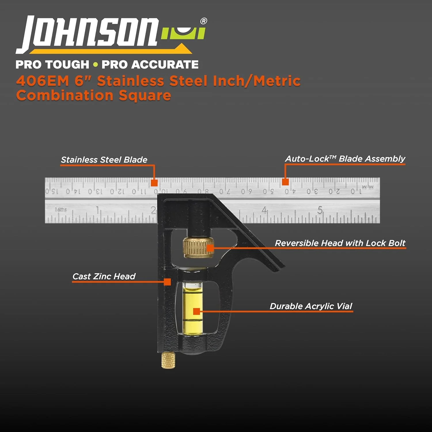 Johnson 406EM Professional Inch/Metric Combination Square, 6", Silver - Image 2