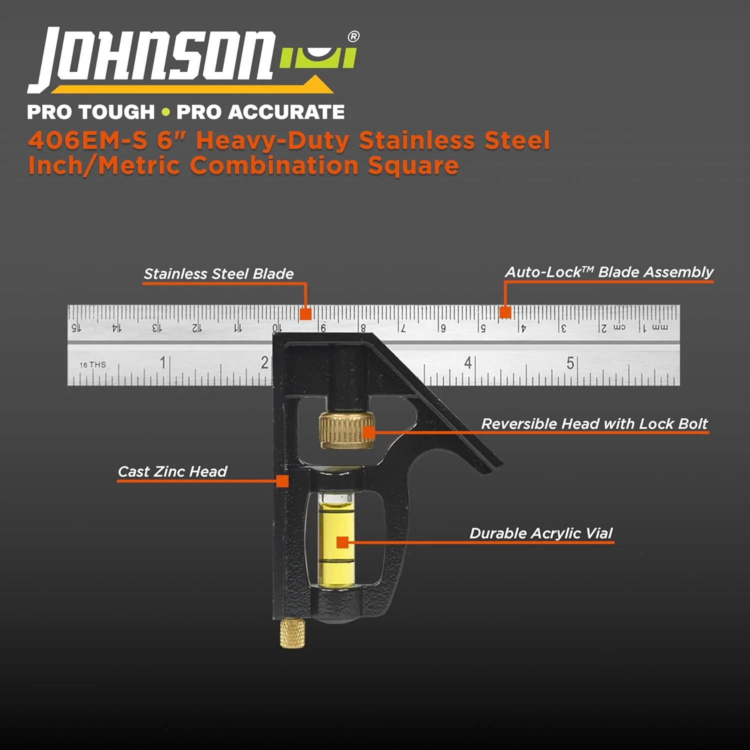 Johnson 406EM-S Heavy Duty Professional Inch/Metric Metal Combination Square, 6" - Image 2