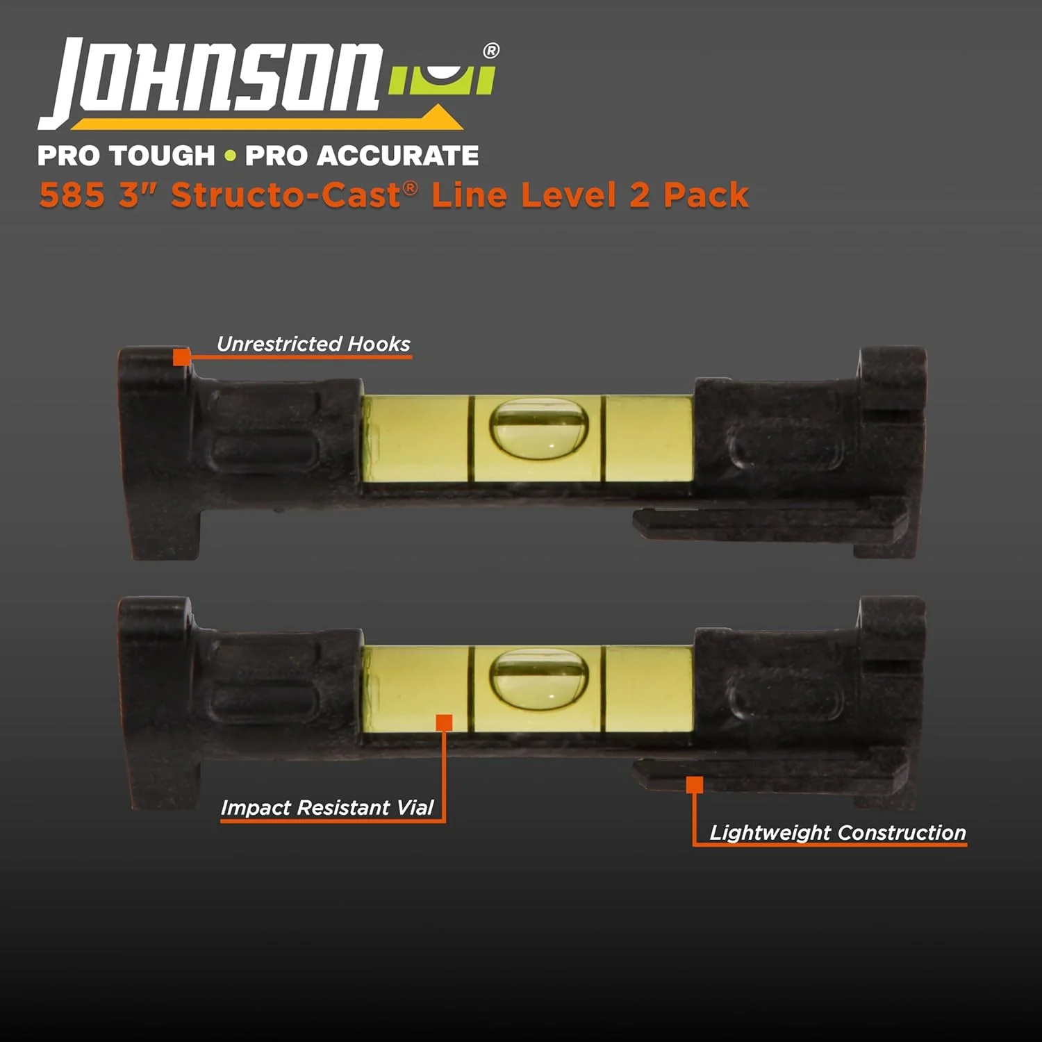 Johnson 585 Structo-Cast Line Level, 3" Builder Level with Hard Case (Pack of 2) - Image 2