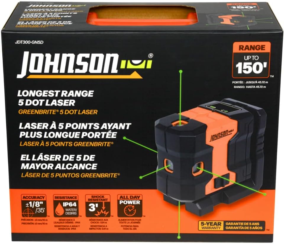 Johnson JDT300-GN5D Laser Level, Self-Leveling Kit 5 Dot Laser with GreenBrite Technology, Magnetic Base, Hard-Shell Carry Case, Floor Mount - Image 6