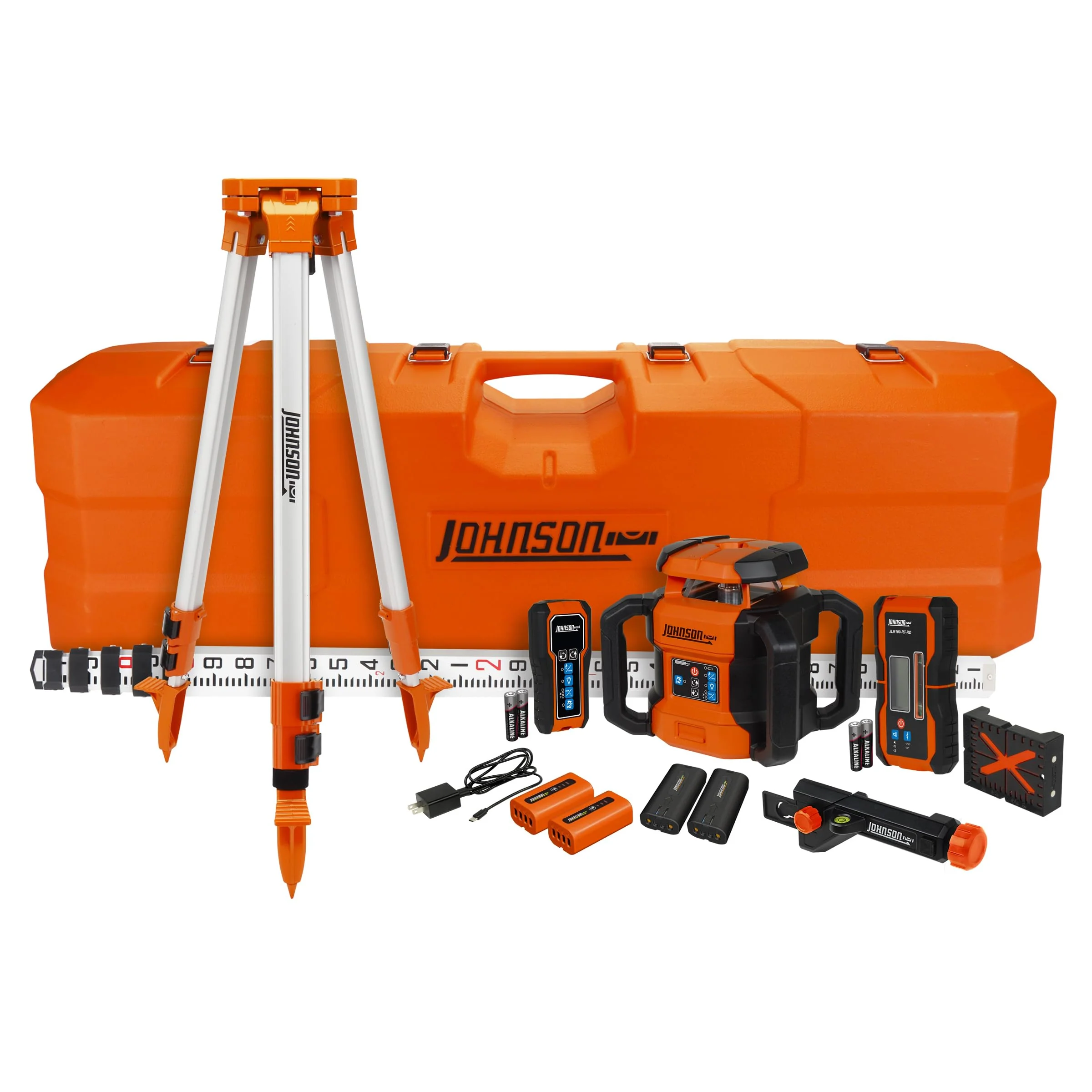 Johnson JRT300-RDHV-S Self-Leveling Red Dual Slope Rotary Laser System, 4,000FT Range, Lithium Ion Batteries, Magnetic Target, Laser Detector, Remote Control, Tripod and 13 FT Grade Rod