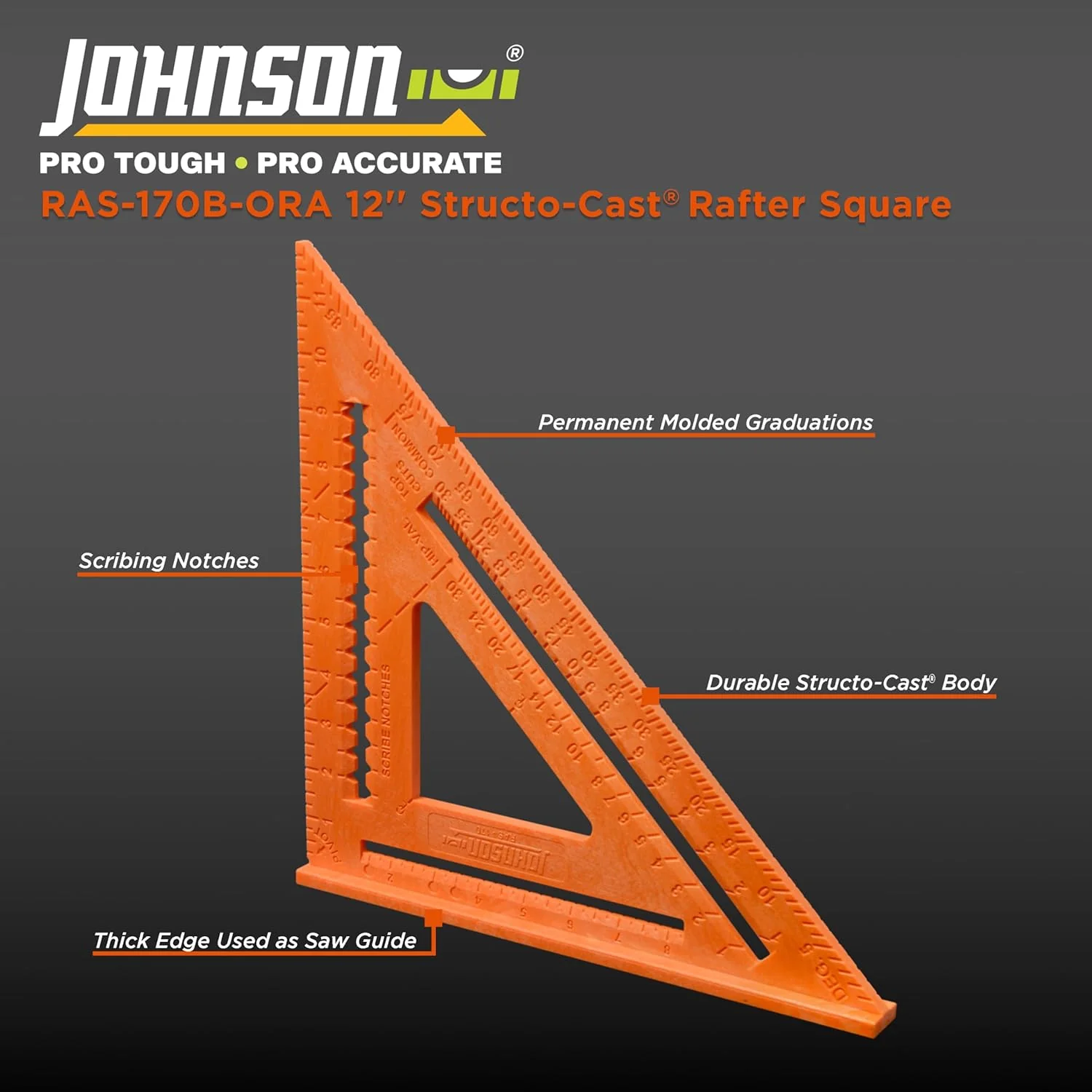 Johnson Level & Tool RAS-170B-ORA Structo-Cast Rafter Square, 12", Orange - Image 2