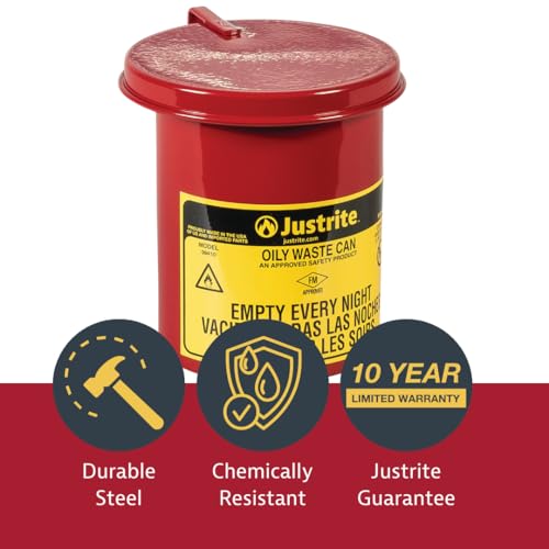 Justrite 0.45 Gallon Galvanized Steel Mini Countertop Oily Waste Can, 6.5" x 4.6" Metal Oil Rag Safety Can with Quiet Hand Operated Self-Closing Lid for Oily Rag Disposal, Made in The USA, Red, 09410 - Image 3