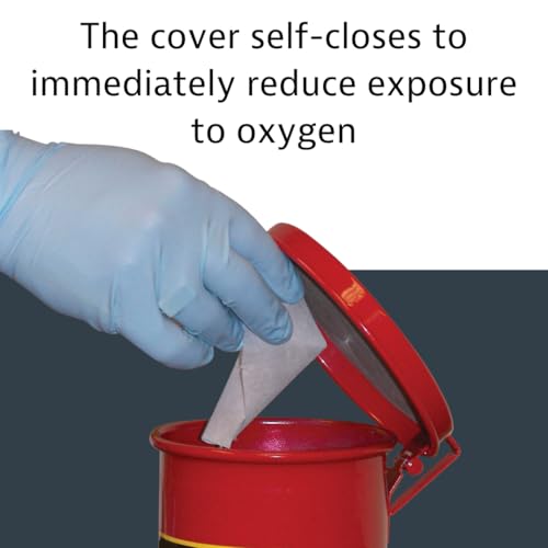 Justrite 0.45 Gallon Galvanized Steel Mini Countertop Oily Waste Can, 6.5" x 4.6" Metal Oil Rag Safety Can with Quiet Hand Operated Self-Closing Lid for Oily Rag Disposal, Made in The USA, Red, 09410 - Image 4