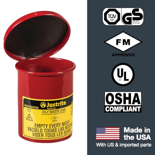 Justrite 0.45 Gallon Galvanized Steel Mini Countertop Oily Waste Can, 6.5" x 4.6" Metal Oil Rag Safety Can with Quiet Hand Operated Self-Closing Lid for Oily Rag Disposal, Made in The USA, Red, 09410 - Image 5