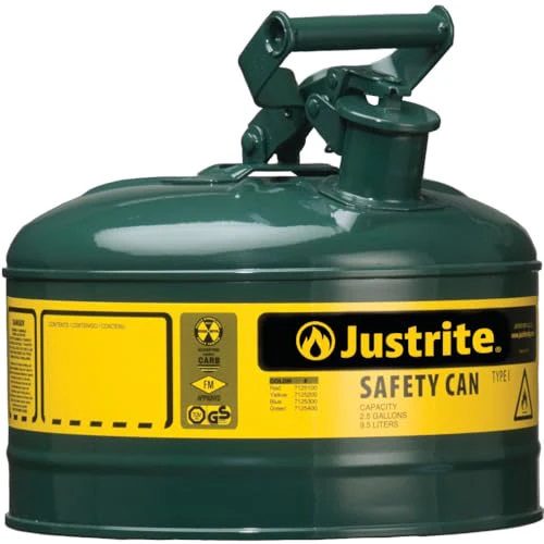 Justrite 1 Gallon Type I Green Safety Can for Oil with Flame Arrester and Self-Closing Lid, Made in the USA, Galvanized Steel Flammable Storage Can, 7110400