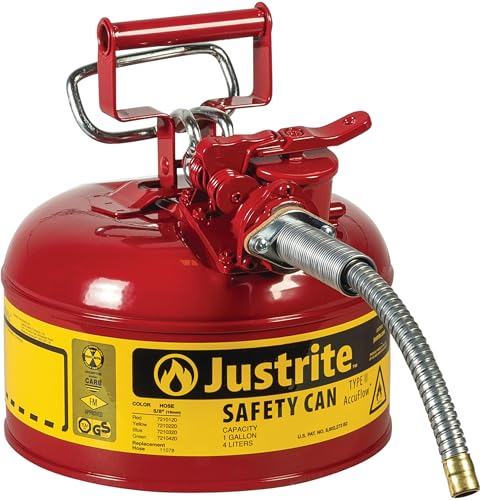 Justrite 1 Gallon Type II Red Safety Gas Can for Gasoline with Flame Arrester, Self-Closing Lid, and 5/8" Flexible Metal Spout, Made in the USA, Galvanized Steel Flammable Storage Can, 7210120