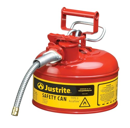 Justrite 1 Gallon Type II Red Safety Gas Can for Gasoline with Flame Arrester, Self-Closing Lid, and 5/8" Flexible Metal Spout, Made in the USA, Galvanized Steel Flammable Storage Can, 7210120 - Image 2