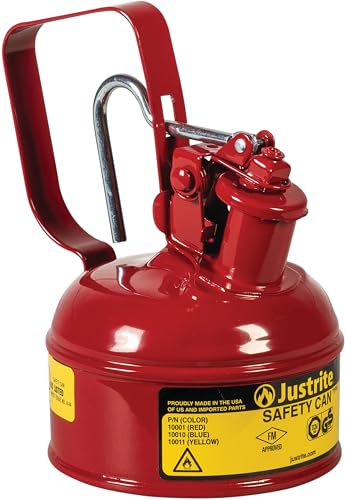Justrite 1 Pint Type I Red Safety Gas Can for Gasoline with Flame Arrester, Self-Closing Lid, and Trigger Handle, Made in the USA, Galvanized Steel Flammable Storage Can, 10001