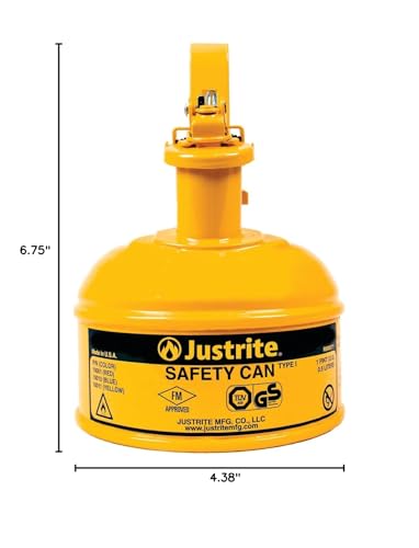 Justrite 1 Pint Type I Yellow Safety Can for Diesel with Flame Arrester, Self-Closing Lid, and Trigger Handle, Made in the USA, Galvanized Steel Flammable Storage Can, 10011 - Image 5