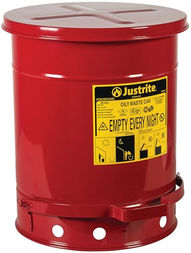 Justrite 10 Gallon Galvanized Steel Oily Waste Can, 18" x 14" Metal Oil Rag Safety Can With Foot Operated Self-Closing Lid for Oil Rag Disposal, Made in the USA, Red, 09300