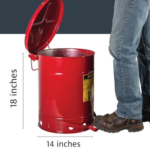 Justrite 10 Gallon Galvanized Steel Oily Waste Can, 18" x 14" Metal Oil Rag Safety Can With Foot Operated Self-Closing Lid for Oil Rag Disposal, Made in the USA, Red, 09300 - Image 2