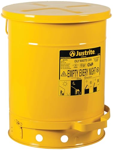 Justrite 10 Gallon Galvanized Steel Oily Waste Can, 18" x 14" Metal Oil Rag Safety Can with Foot Operated Self-Closing Lid for Oil Rag Disposal, Made in The USA, Yellow, 09301