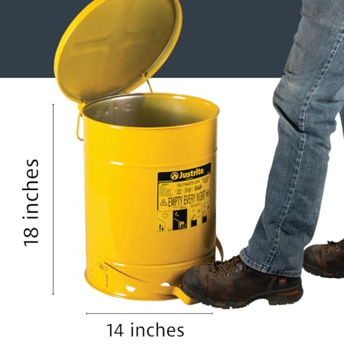 Justrite 10 Gallon Galvanized Steel Oily Waste Can, 18" x 14" Metal Oil Rag Safety Can with Foot Operated Self-Closing Lid for Oil Rag Disposal, Made in The USA, Yellow, 09301 - Image 2