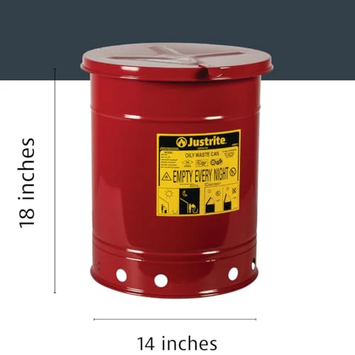 Justrite 10 Gallon Galvanized Steel Oily Waste Can, 18" x 14" Metal Oil Rag Safety Can with Hand Operated Self-Closing Lid for Oil Rag Disposal, Made in The USA, Red, 09310 - Image 2