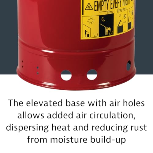 Justrite 10 Gallon Galvanized Steel Oily Waste Can, 18" x 14" Metal Oil Rag Safety Can with Hand Operated Self-Closing Lid for Oil Rag Disposal, Made in The USA, Red, 09310 - Image 7