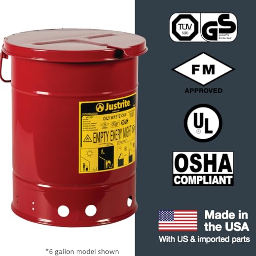 Justrite 10 Gallon Galvanized Steel Oily Waste Can, 18" x 14" Metal Oil Rag Safety Can with Hand Operated Self-Closing Lid for Oil Rag Disposal, Made in The USA, Red, 09310 - Image 8