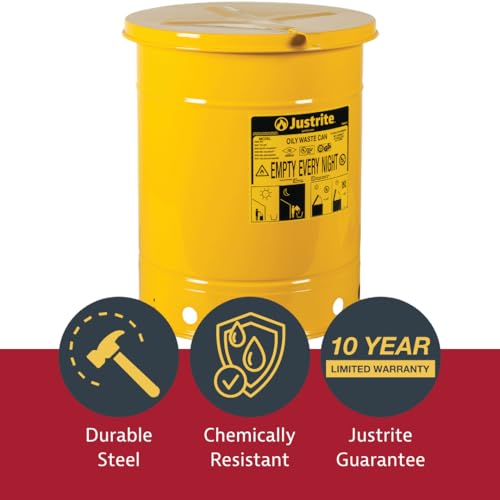 Justrite 10 Gallon Galvanized Steel Oily Waste Can, 18" x 14" Metal Oil Rag Safety Can with Hand Operated Self-Closing Lid for Oil Rag Disposal, Made in The USA, Yellow, 09311 - Image 3