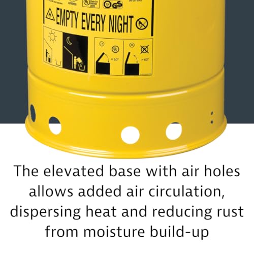 Justrite 10 Gallon Galvanized Steel Oily Waste Can, 18" x 14" Metal Oil Rag Safety Can with Hand Operated Self-Closing Lid for Oil Rag Disposal, Made in The USA, Yellow, 09311 - Image 7