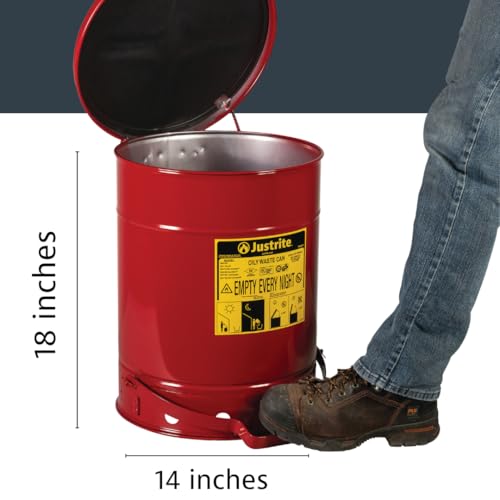 Justrite 10 Gallon Galvanized Steel Oily Waste Can, 18" x 14" Metal Oil Rag Safety Can with Quiet Foot Operated Self-Closing Lid for Oil Rag Disposal, Made in The USA, Red, 09308 - Image 2