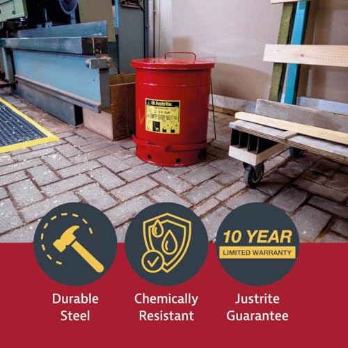 Justrite 10 Gallon Galvanized Steel Oily Waste Can, 18" x 14" Metal Oil Rag Safety Can with Quiet Foot Operated Self-Closing Lid for Oil Rag Disposal, Made in The USA, Red, 09308 - Image 3