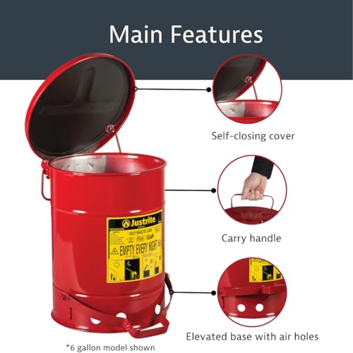Justrite 10 Gallon Galvanized Steel Oily Waste Can, 18" x 14" Metal Oil Rag Safety Can with Quiet Foot Operated Self-Closing Lid for Oil Rag Disposal, Made in The USA, Red, 09308 - Image 4