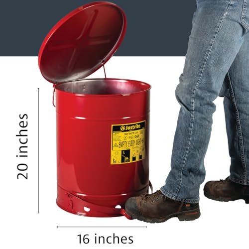 Justrite 14 Gallon Galvanized Steel Oily Waste Can, 20" x 16" Metal Oil Rag Safety Can with Foot Operated Self-Closing Lid for Oil Rag Disposal, Made in The USA, Red, 09500 - Image 2