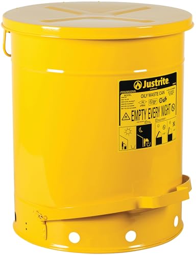 Justrite 14 Gallon Galvanized Steel Oily Waste Can, 20" x 16" Metal Oil Rag Safety Can with Foot Operated Self-Closing Lid for Oil Rag Disposal, Made in The USA, Yellow, 09501