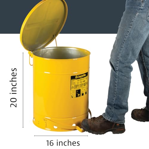 Justrite 14 Gallon Galvanized Steel Oily Waste Can, 20" x 16" Metal Oil Rag Safety Can with Foot Operated Self-Closing Lid for Oil Rag Disposal, Made in The USA, Yellow, 09501 - Image 2