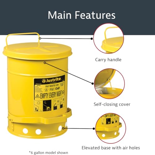 Justrite 14 Gallon Galvanized Steel Oily Waste Can, 20" x 16" Metal Oil Rag Safety Can with Foot Operated Self-Closing Lid for Oil Rag Disposal, Made in The USA, Yellow, 09501 - Image 4