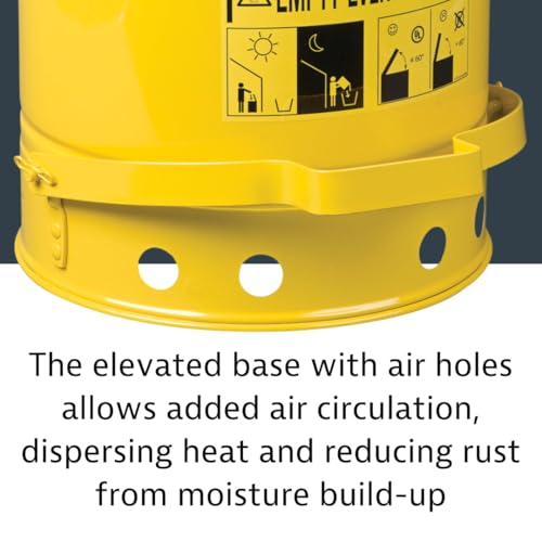 Justrite 14 Gallon Galvanized Steel Oily Waste Can, 20" x 16" Metal Oil Rag Safety Can with Foot Operated Self-Closing Lid for Oil Rag Disposal, Made in The USA, Yellow, 09501 - Image 7