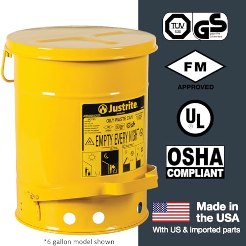 Justrite 14 Gallon Galvanized Steel Oily Waste Can, 20" x 16" Metal Oil Rag Safety Can with Foot Operated Self-Closing Lid for Oil Rag Disposal, Made in The USA, Yellow, 09501 - Image 8
