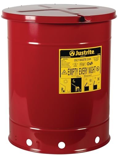 Justrite 14 Gallon Galvanized Steel Oily Waste Can, 20" x 16" Metal Oil Rag Safety Can with Hand Operated Self-Closing Lid for Oil Rag Disposal, Made in The USA, Red, 09510