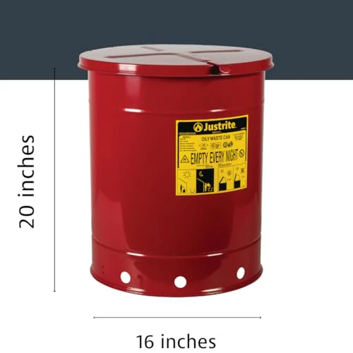 Justrite 14 Gallon Galvanized Steel Oily Waste Can, 20" x 16" Metal Oil Rag Safety Can with Hand Operated Self-Closing Lid for Oil Rag Disposal, Made in The USA, Red, 09510 - Image 2