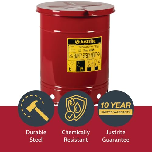 Justrite 14 Gallon Galvanized Steel Oily Waste Can, 20" x 16" Metal Oil Rag Safety Can with Hand Operated Self-Closing Lid for Oil Rag Disposal, Made in The USA, Red, 09510 - Image 3