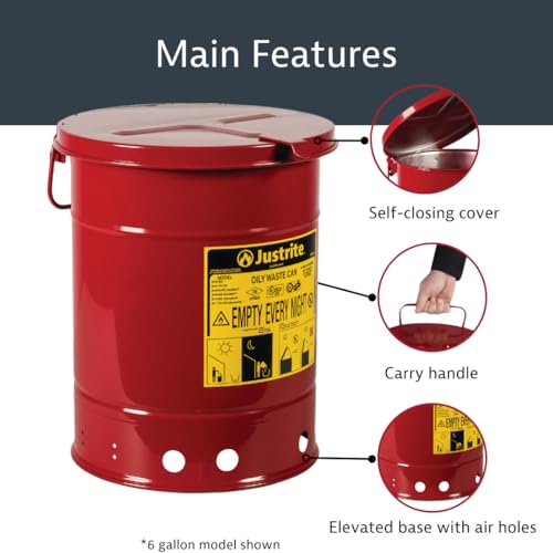 Justrite 14 Gallon Galvanized Steel Oily Waste Can, 20" x 16" Metal Oil Rag Safety Can with Hand Operated Self-Closing Lid for Oil Rag Disposal, Made in The USA, Red, 09510 - Image 4